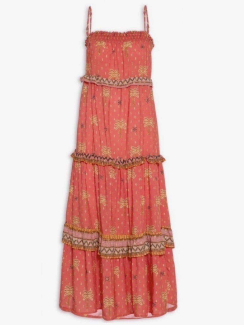 FARM Rio Coqueirissimo Pink Multi Metallic Lurex Tiered Maxi Dress  Size M